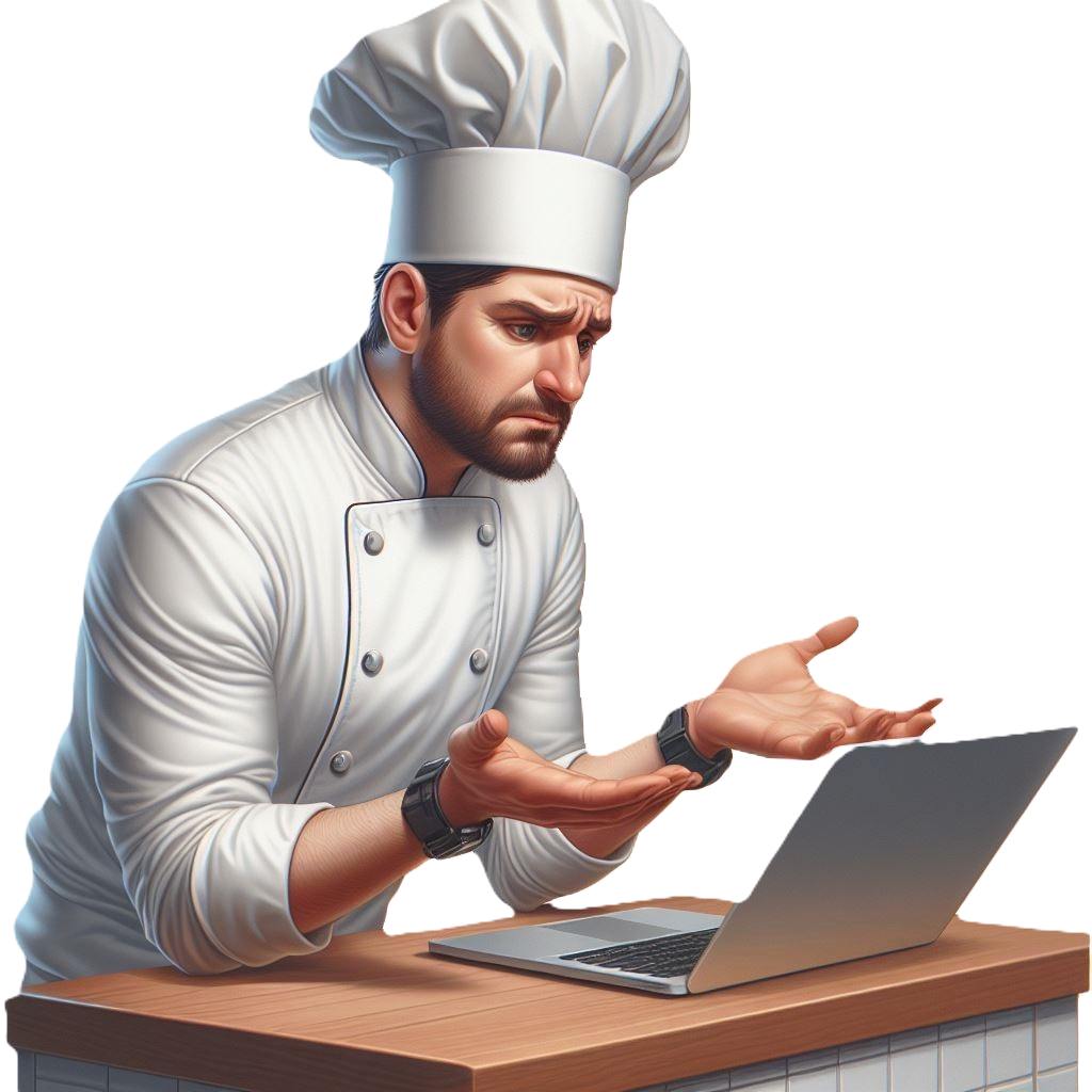 Image représentant un cuisiner regardant un écran d'ordinateur et avec une expression visuelle déçue car il n'a trouvé aucune recette correspondant à sa recherche